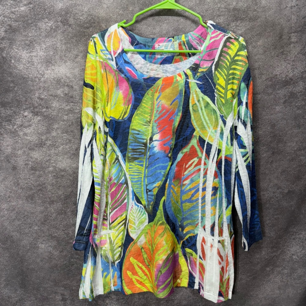 Impulse California Tropical Leaf Colorful Tunic Top Size XL Sequin Artsy Beach